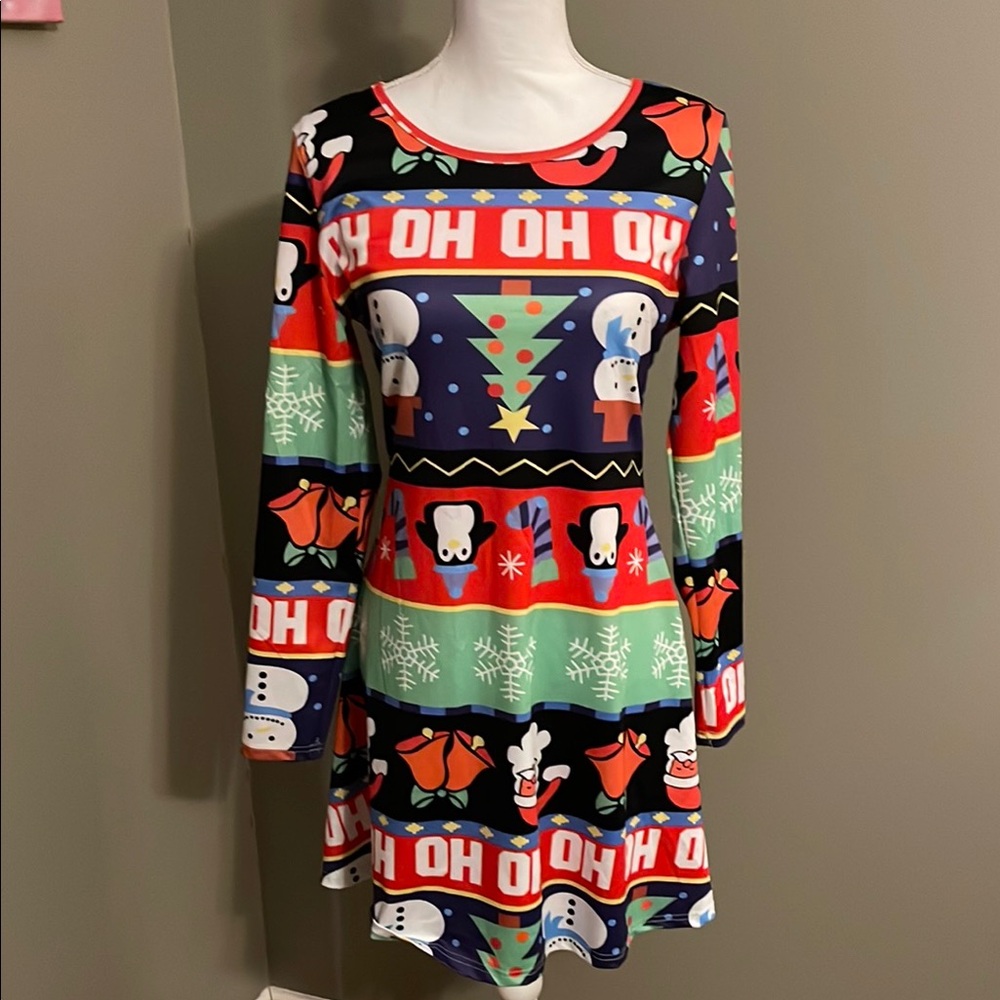 Festive Red and Green Long Sleeve Crew Neck Mini Dress